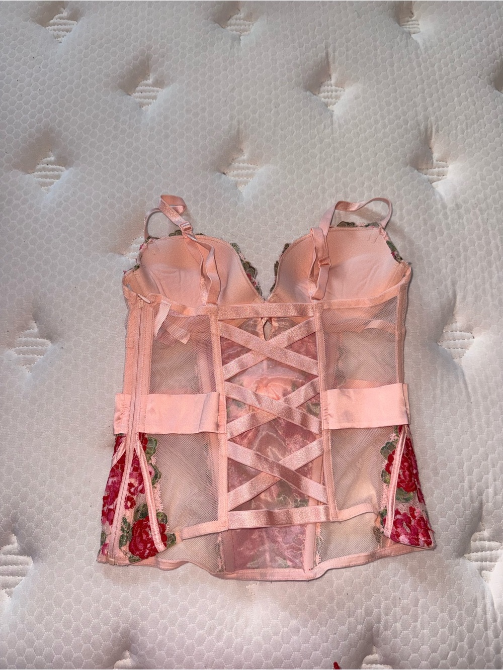 Victoria's Secret Pink and Red Floral Embroidered Bustier with Satin Bow - Picture 5 of 7
